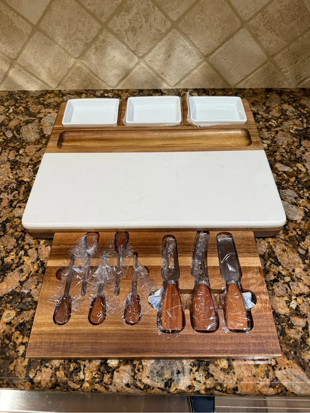 Wood & Marble Cheese Serving Board Set with White Ceramic Dishes